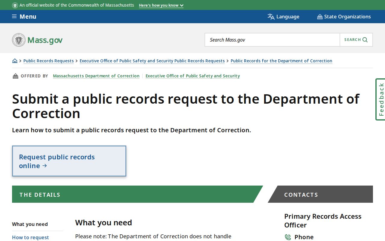 Massachusetts Department of Correction public records request channels and privacy notice