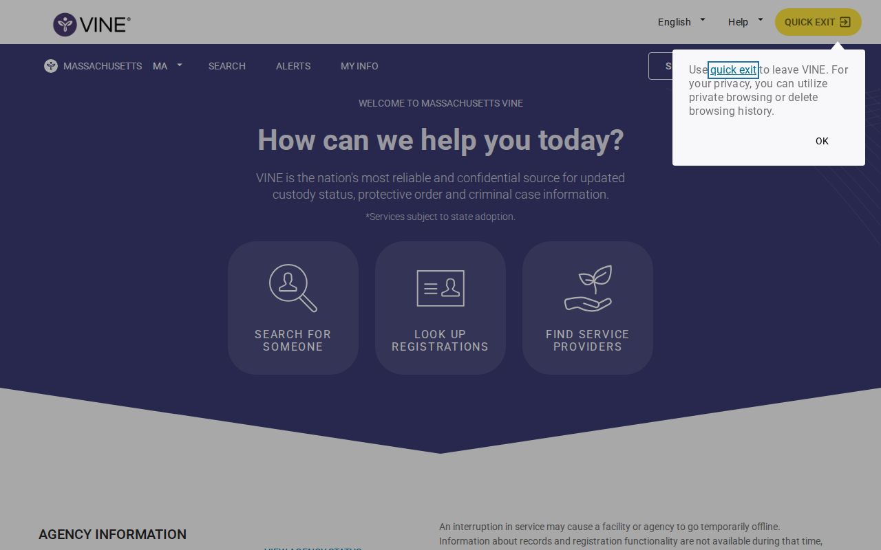 Massachusetts VINE search for Suffolk County state prison release checks
