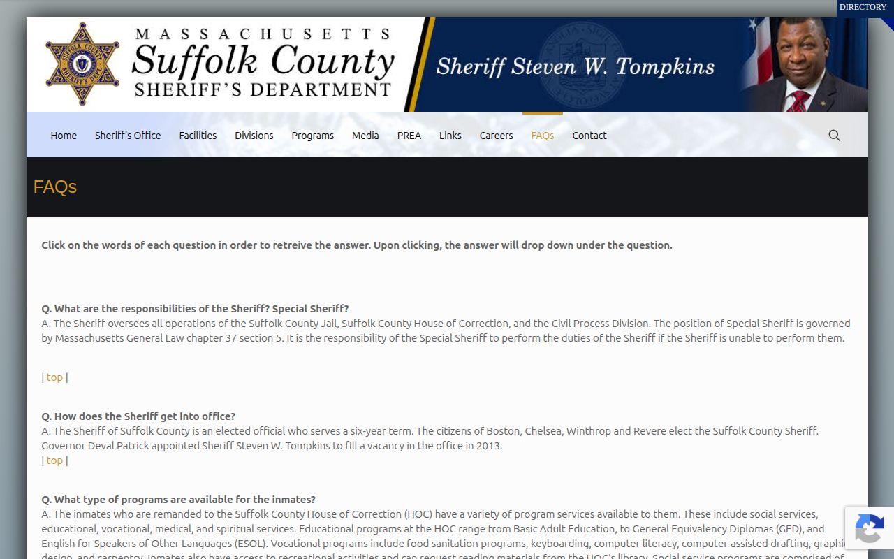 Suffolk County Sheriff FAQ showing telephone person-location guidance